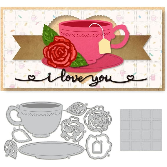 2Set 9Pcs Rose Teacup Cutting Dies Metal Checkered Background Die Cuts Embossing Stencils Template for Paper Card Making Decoration DIY Scrapbooking Album Craft Decor