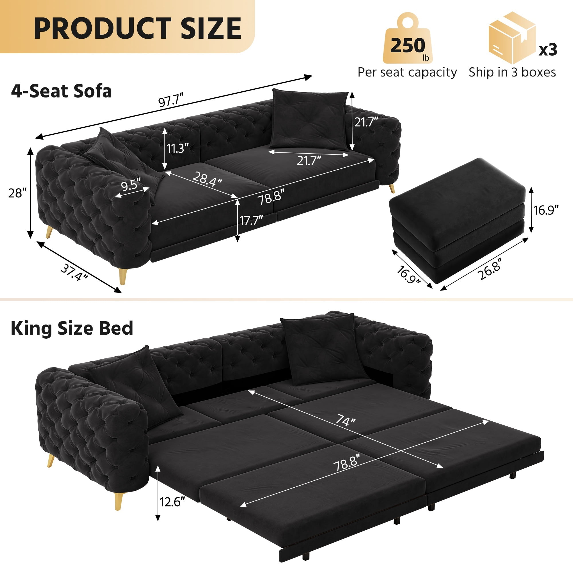 avobird 97" Overside Convertible Sofa, 3 in 1 Pull Out Sleeper Sofa Bed with Movable Ottoman, Button Tufted Modern Sofa for Living Room, Black