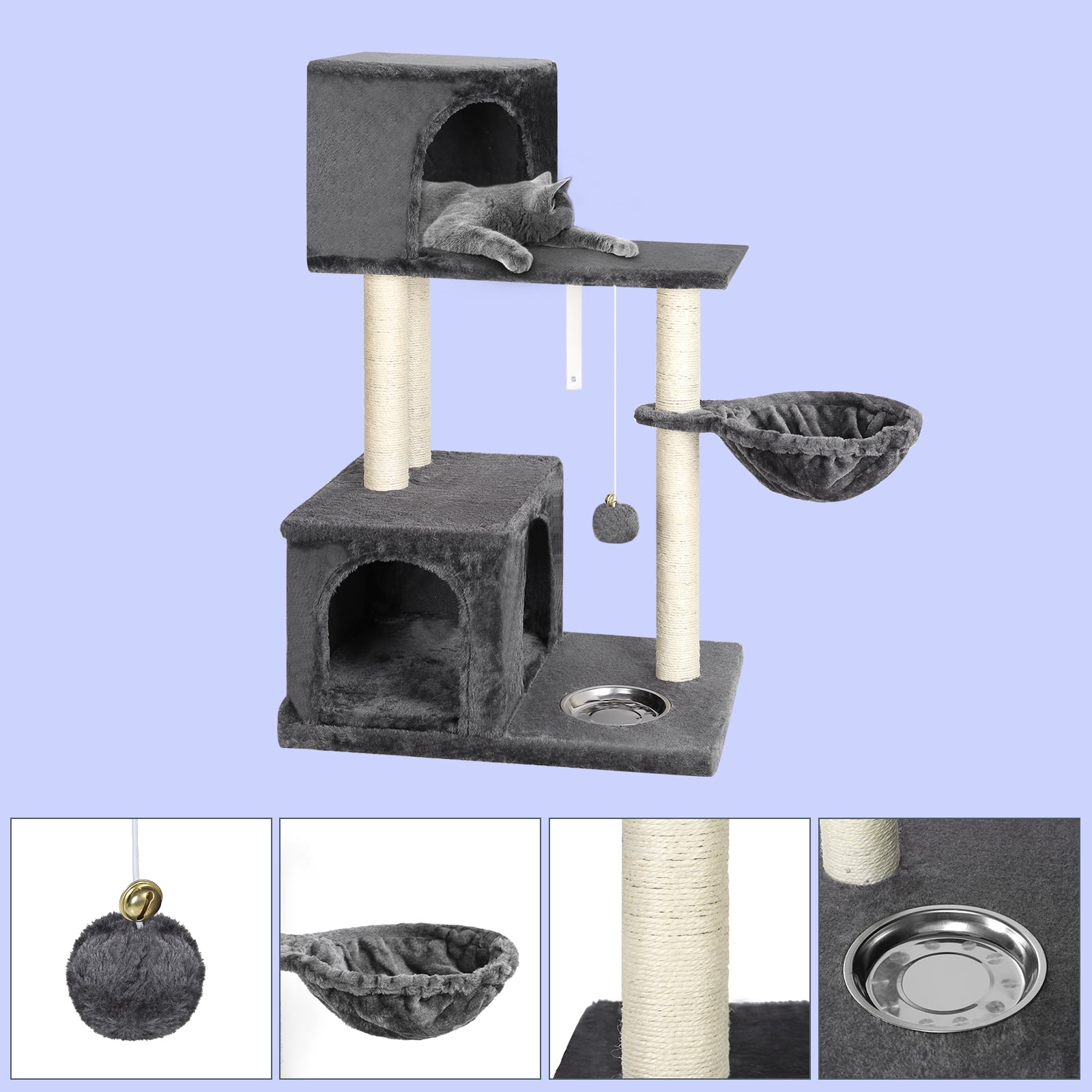 OYEAL 37'' Multi-Level Cat Tree Indoor, Multi Level Play Tower with Scratching Posts, Fur Ball & Feeding Bowl for Climbing & Resting (Grey)