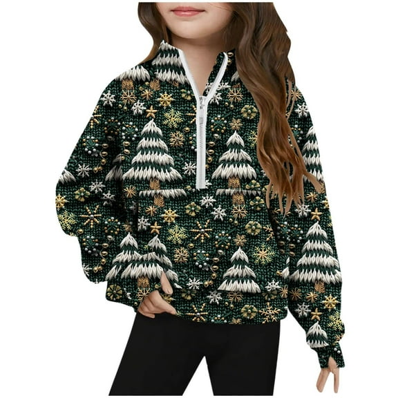 Lorytime Sweatshirts for Girls with Bows Boys Christmas Tree Thumb Hole Shirt Mock Neck Long Sleeve Half Zip Pullover Tops