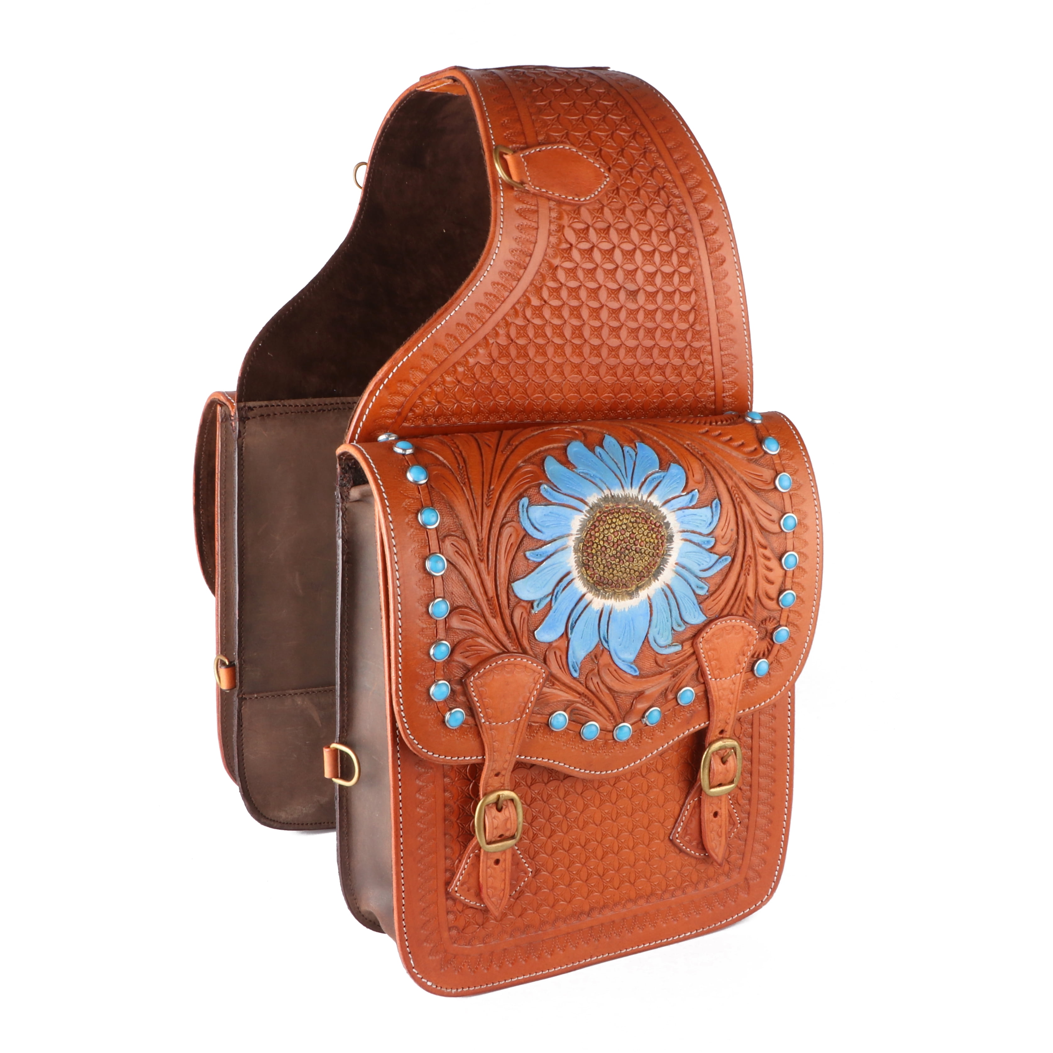 Horse Western Floral Tooled Saddle Trail Riding Leather Cantle Bag Tan