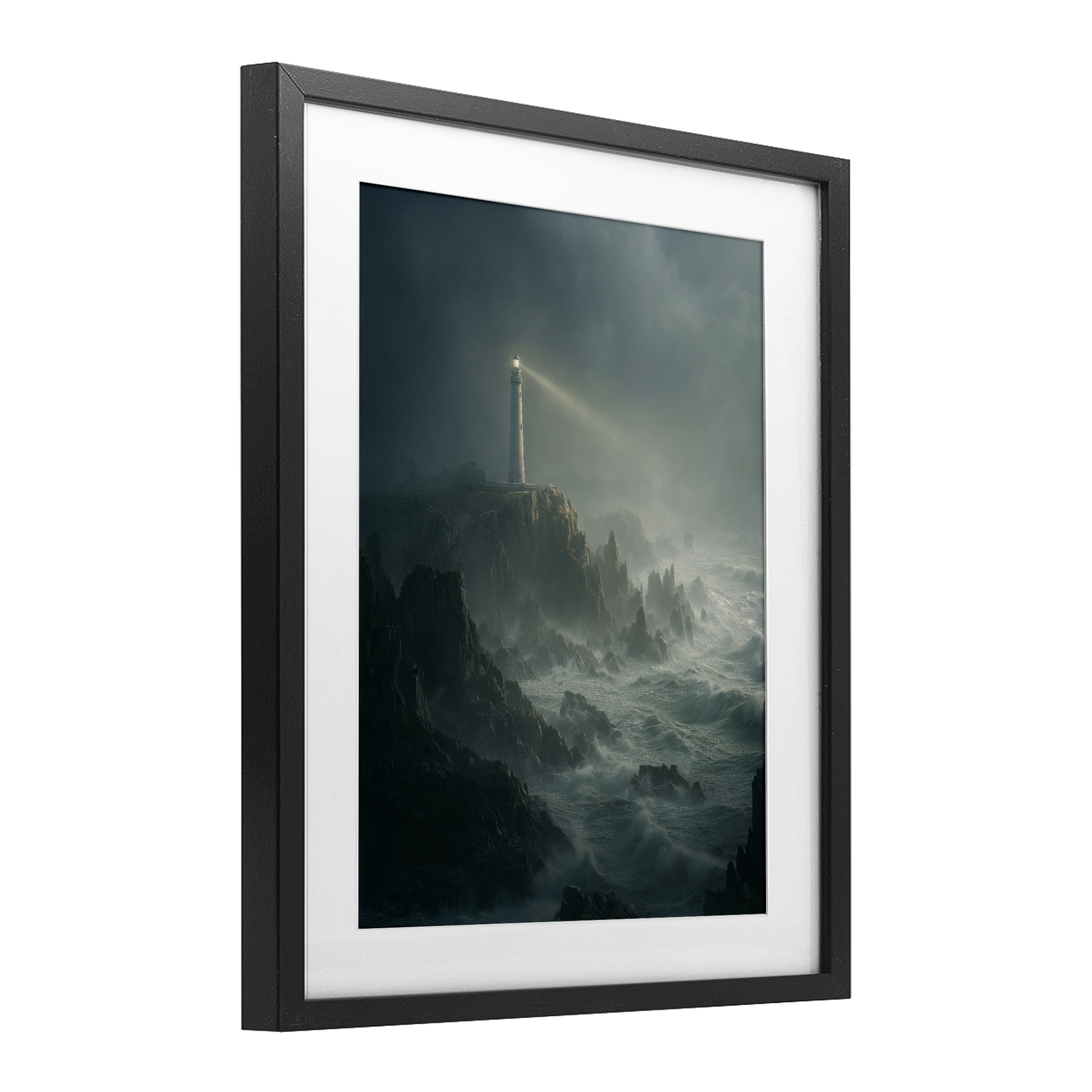 Lighthouse and Stormy Cliff Black Framed Print Under Glass, design by Ziwei Li