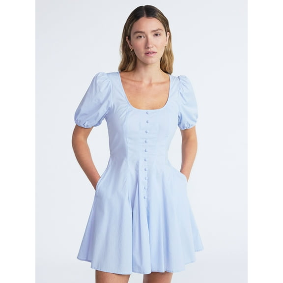 Scoop Women’s Pleated Mini Dress with Puff Sleeves, Sizes XS-XXL