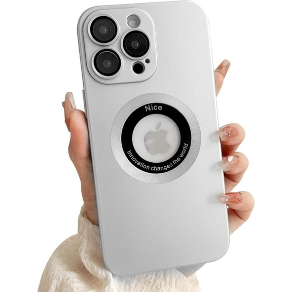 Magnetic for iPhone 13 Pro Max Case, Compatible with MagSafe, Camera Lens Film Protection Shockproof Cases for Women Men Logo View Plating Glossy Cover 6.7"(Silver)