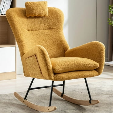 Modern Cozy Rocking Chair with Bouclé Upholstery - Ergonomic Design, Headrest & Sturdy Metal Frame for Living Room, Bedroom, or Nursery