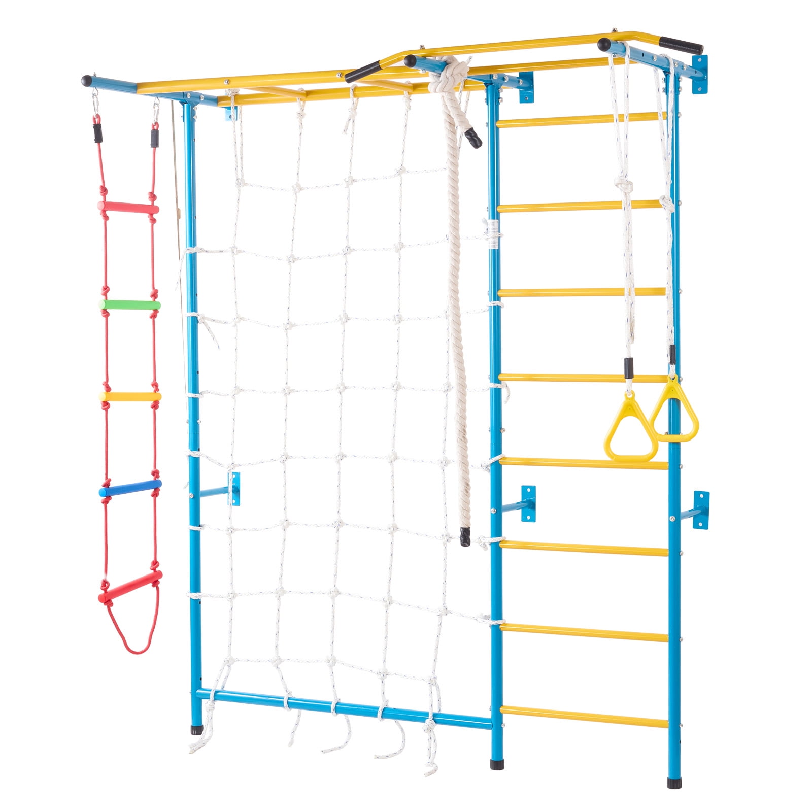 KFFKFF Indoor Play Equipment for Young Kids, 7-Feature Climbing Structure with Carbon Steel Swedish Steps, Wall Steps, Chin-Up Bar, Cord Steps, and Athletic Loops, Holds up to 220 lbs, Various Colors