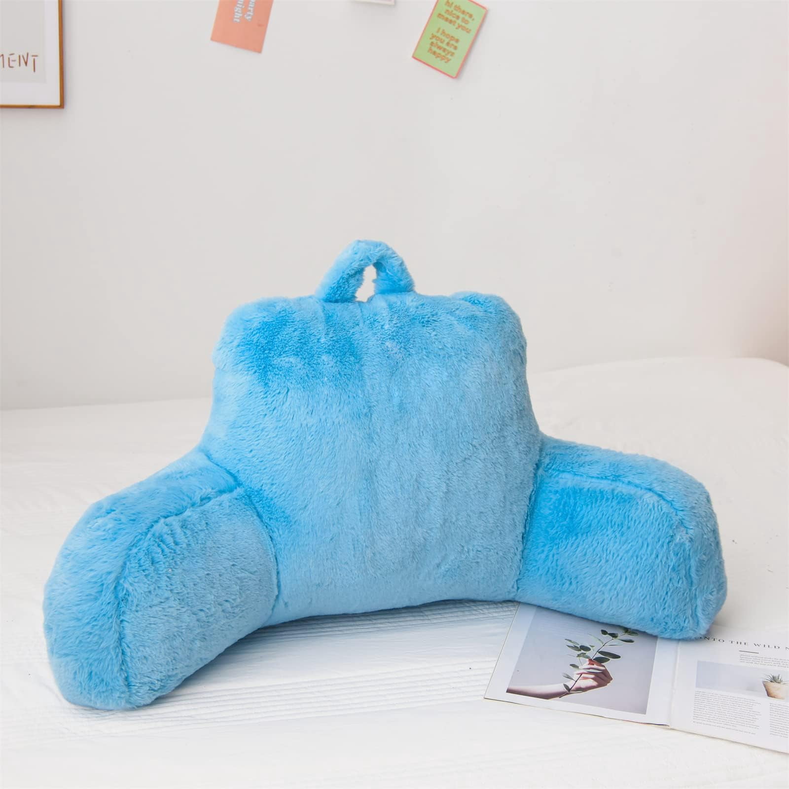 Faux Fur Reading Pillow Bed Wedge Large Adult Children Backrest with Arms Back Support for Sitting Up in Bed or Couch Black