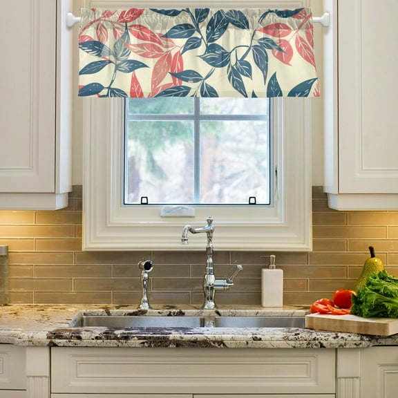 Leaves Red Blue Curtain Valances Farmhouse Design Window Treatment Decor Blackout Rod Pocket for Windows Living Room Kitchen 54" x 18"