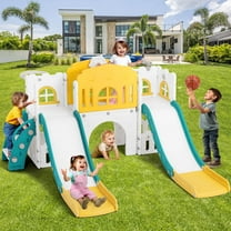 JOYLDIAS 9 in 1 Toddler Double Slides Kids Playset with Climber, Basketball Hoop, Tunnel, Telescope, Storage Space and Non-Slip Steps, Indoor Outdoor Backyard Playground (Yellow&White&Green)