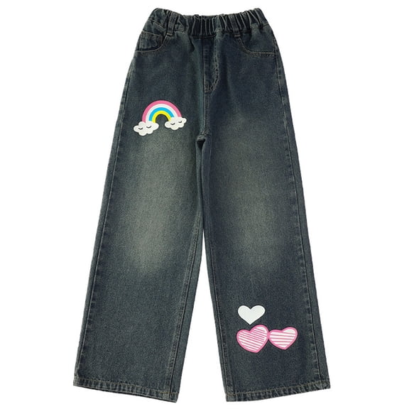Shadoumai Girls Printed Wide Leg Pants Straight Cut Casual Denim Trousers For Big Kids Fashionable And Comfortable Daily Wear