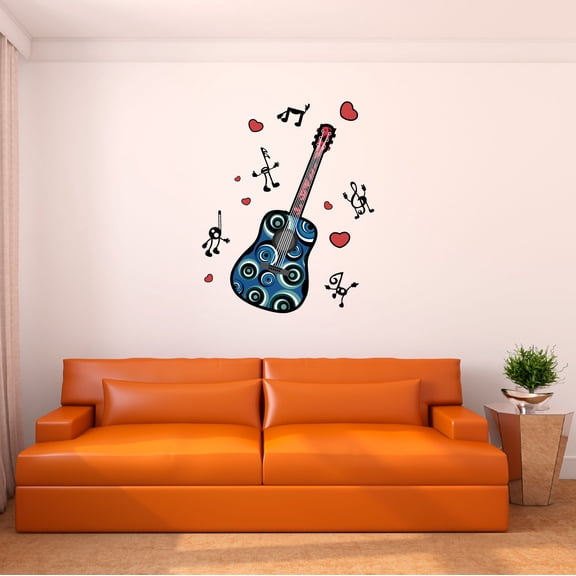 Music Wall Decal Multicoloured Guitar with Music Symbols Bedroom Wall Decal for Boys Instrument Cute Themed Room Décor - Size: 8 In x 10 In