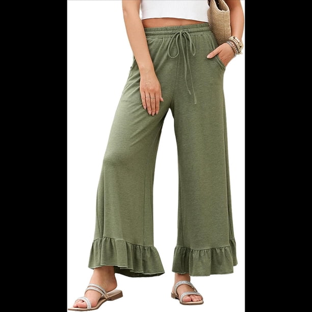 Pantalones Palazzo de Pierna para Mujer, Cintura Alta, Elásticos, con Cordón y Bolsillos, Color Verde , Talla L