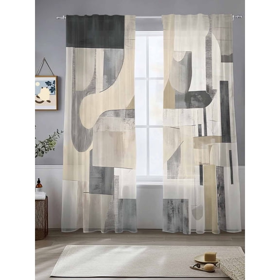 Grey Beige Abstract Sheer Curtains for Living Room Bedroom Watercolor Modern Geometric Sheer Curtains 84 Inch Long 2 Panels Set Light Filtering Curtain Window Treatments Drapes for Dining Room