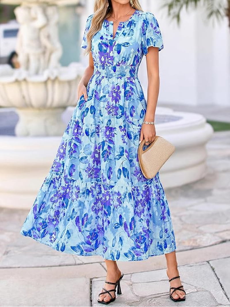 boho beach wedding guest dress BTFBM Womens Summer Floral Maxi Dresses V Neck Short Sleeve Casual Flowy Long Vacation Vintage Cat Dress For Girls (Size):5-6 years