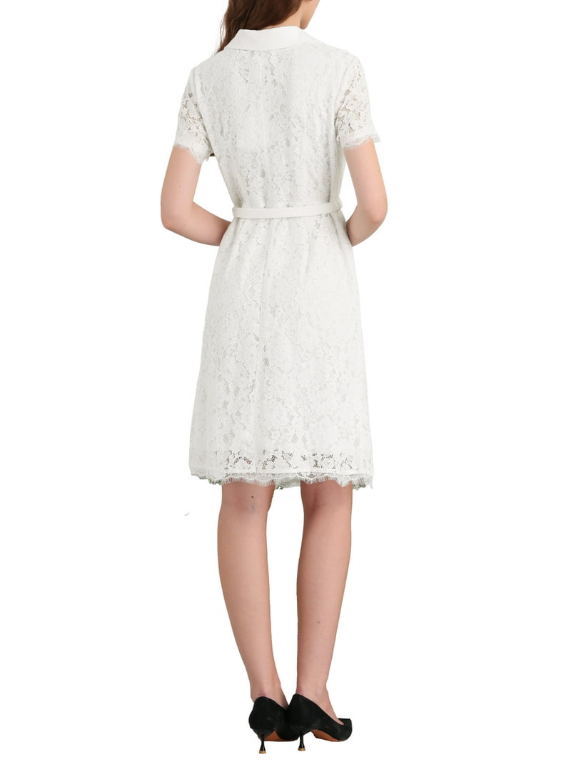 Inspire Chic Women's Short Sleeve Lace Dress Lapel Collar Double Breasted Wedding Cocktail Belted A-Line Dresses XL White