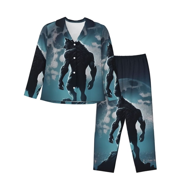 Fotbe Moon Wolf Warrior Conjunto de Pijama de Manga Larga para Mujer con Estampado, Ropa de Dormir de 2 Piezas, Conjunto de Casa Suave y Cómodo con Bolsillos-Medium