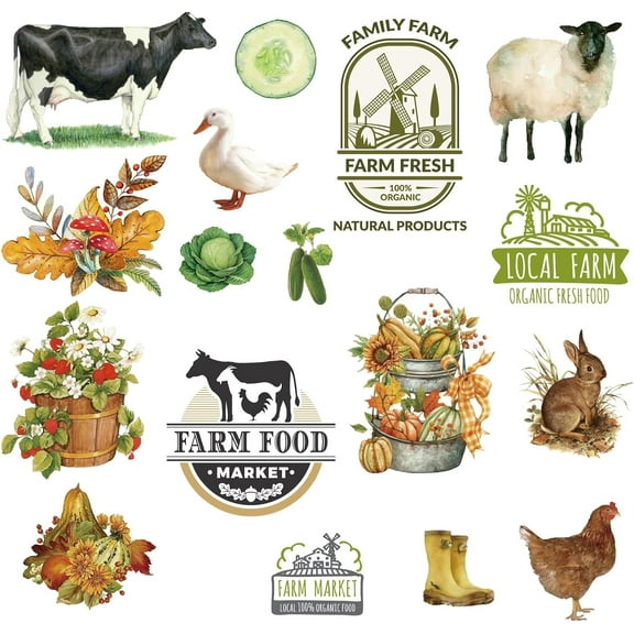 Farm Animals Wall Decals Farm Food Window Stickers Waterproof Removable Vinyl Wall Art for Garden Classroom Farm Bedroom Living Room Decorations