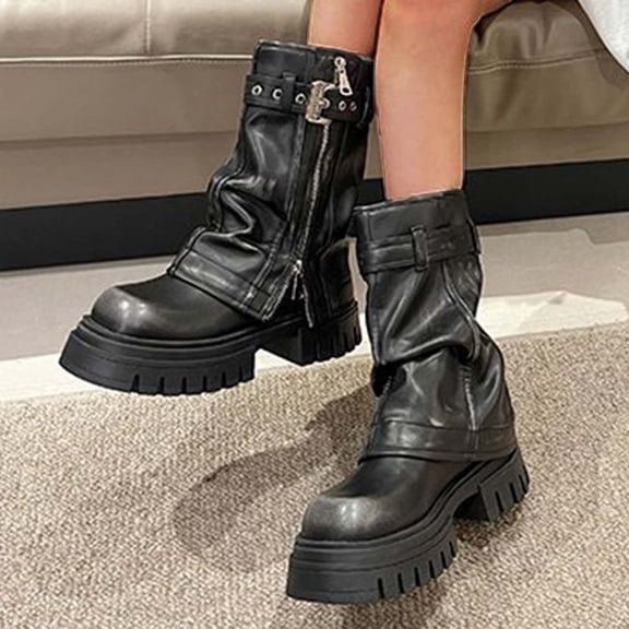 JUSLIO Womens Boots,Chunky Heel Boots Comfort Platform Solid Color Fashion Casual Mid Calf Boots