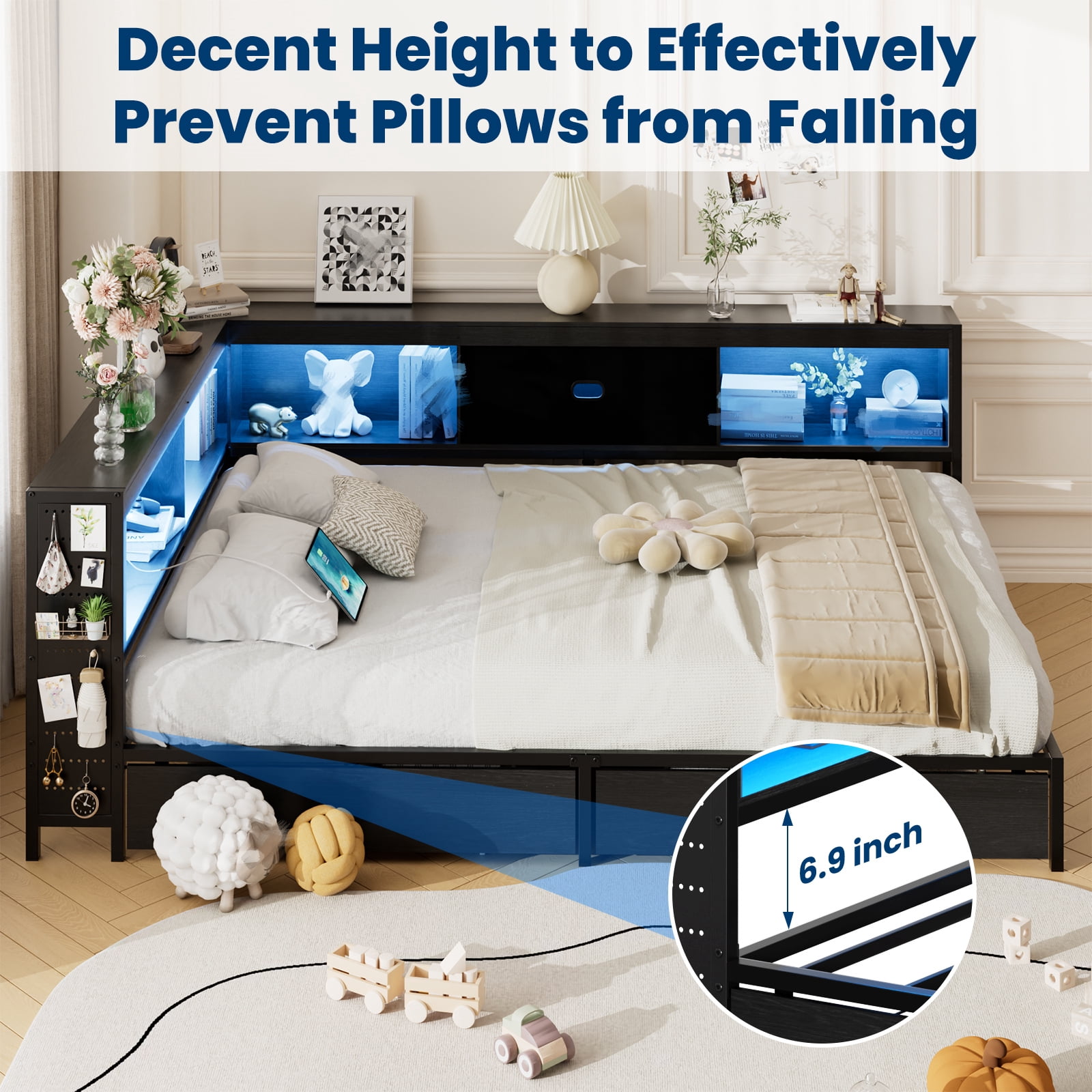 Lusimo Full Corner Bed Frame with Bookcase Storage and LED Lights & Charging Station, Metal Platform Bed Frame with Storage Drawers Underneath for Bedroom, Black