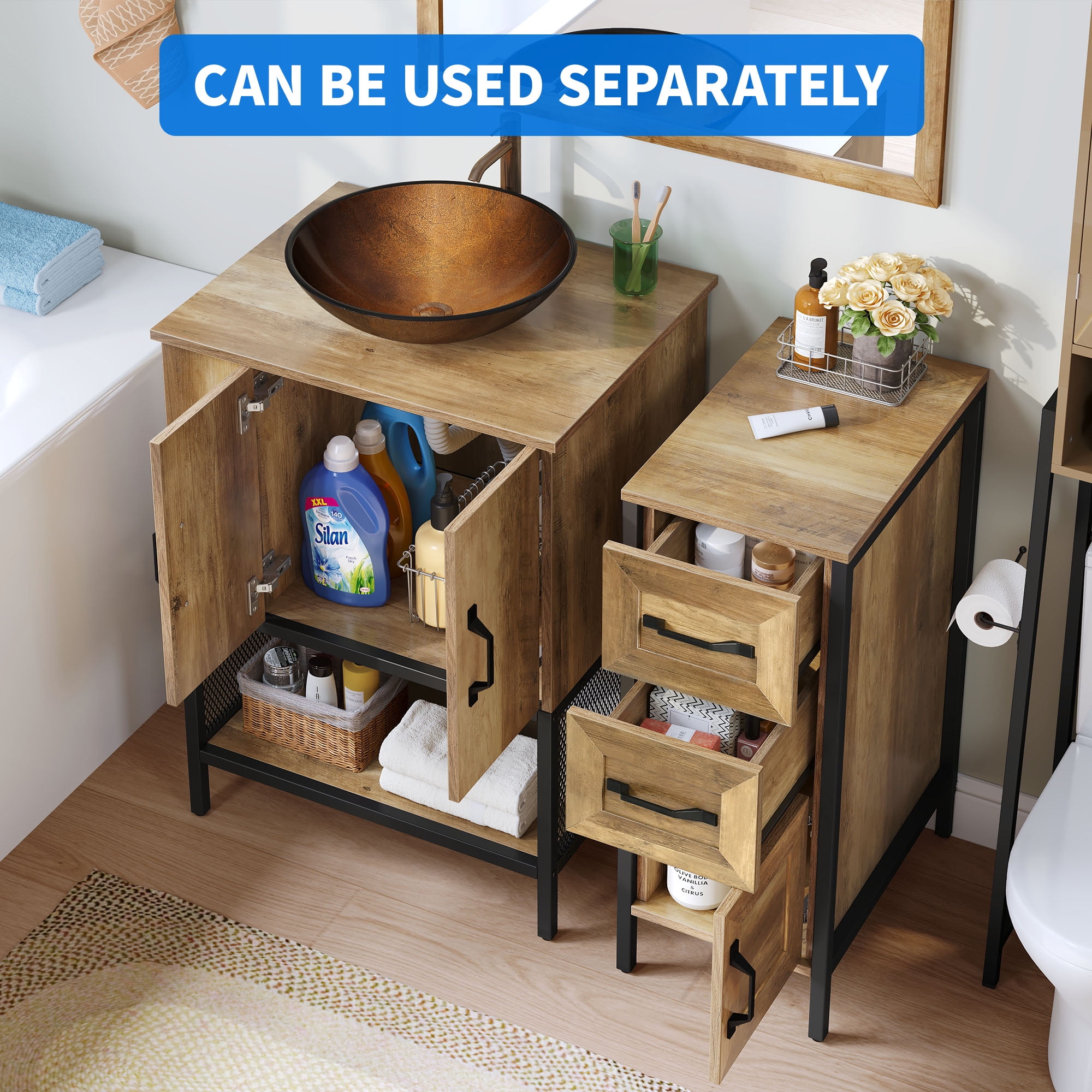 Uforic 35.4 Inch Bathroom Vanity with Countertop Sink, Rustic Free Standing Bathroom Storage Cabinet with Drain, Rustic OAK