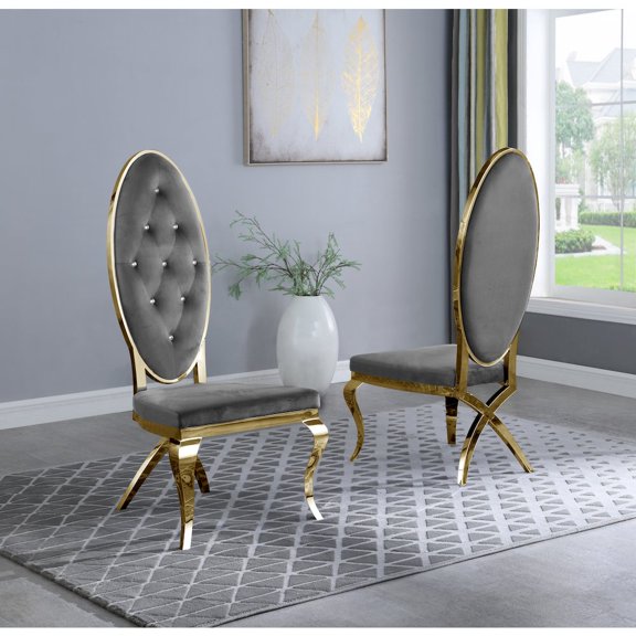 Tufted Velvet Dining Chairs in Dark Gray with Gold Stainless Steel (Set of 2)