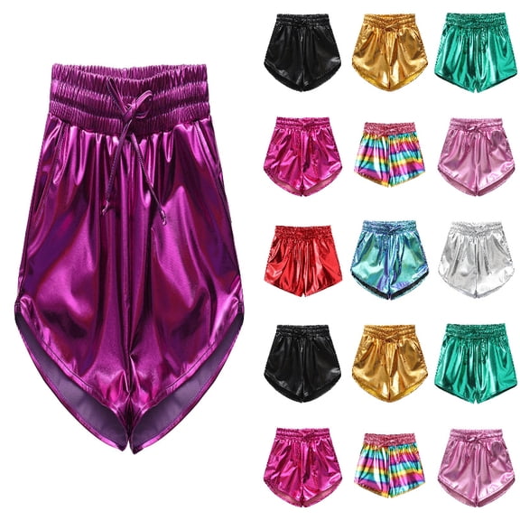 QHFBli Girls Metallic Shorts Sparkly Dance Outfits Elastic Drawstring Shiny Hot Short Pants Summer Practice Pants for Boys And Girls Purple 150
