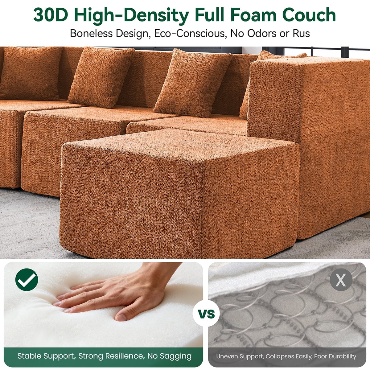 BEHOST 130" 8-Piece Modular Sectional Sofa with Ottomans, U-Shaped Pit Couch for Living Room, ModernTeddy Fabric Cloud Couch Set, Large Sleeper Sofa with Deep Seats, Rust Red