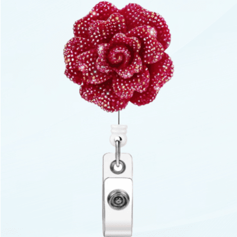 Xoqo Luxury Flower Retractable Name Card Badge Holder with Alligator Clip, 24 inch Glitter Rose Nurse Retractable Badge Holder (Red)