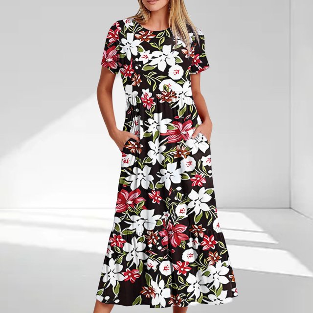 Ovzne Robes d'Été pour Femmes 2025 Robe Mode Féminine Manches Longues Col Rond T-Shirt Imprimé Blouse Ample Robe Grande Taille Robe Manches Courtes Imprimée Liquidation