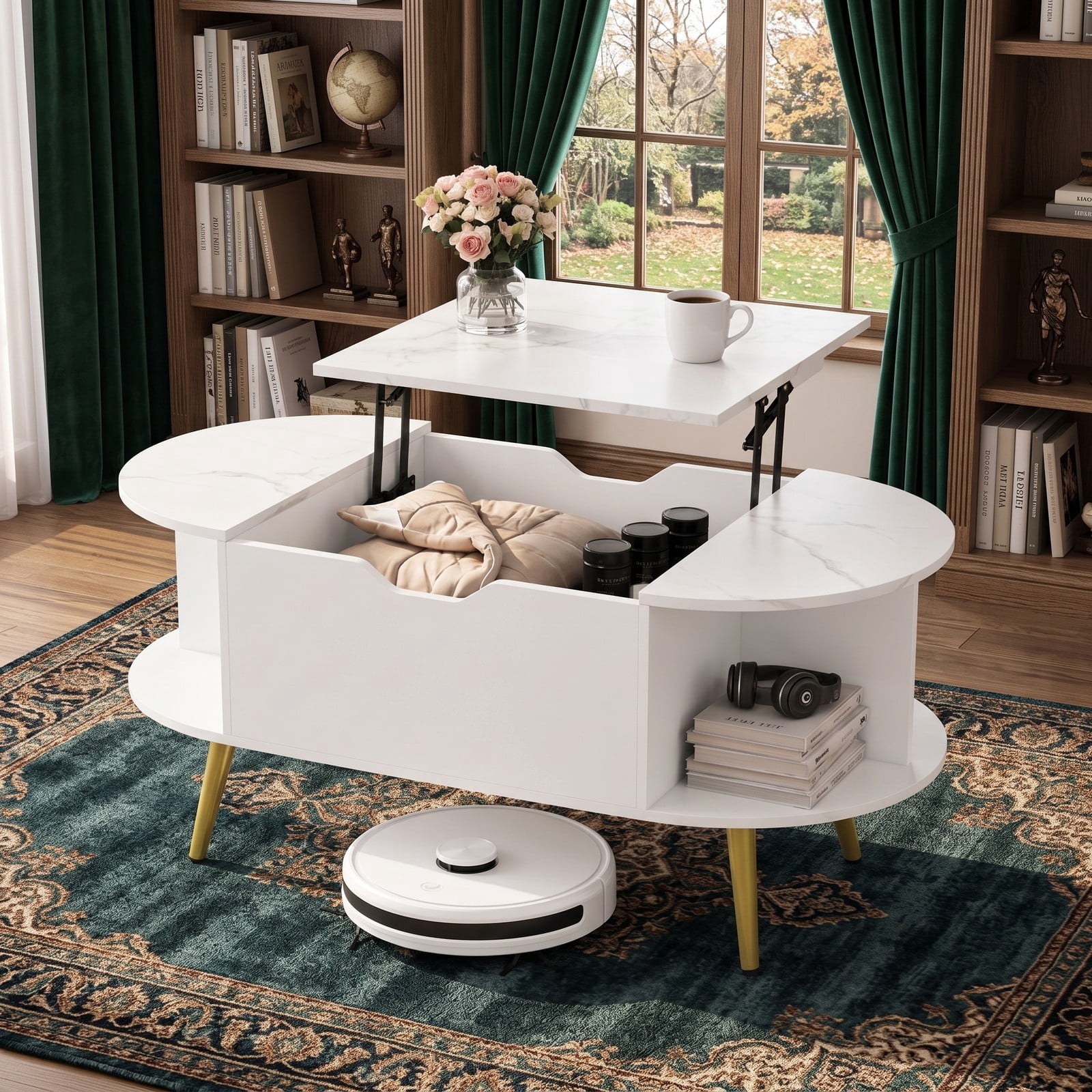 Furnibear Faux Marble Lift Top Coffee Table with Hidden Compartment and Side Shelves, 2-in-1 Rectangle Storage Center Table for Living Room, Engineered Wood &, White