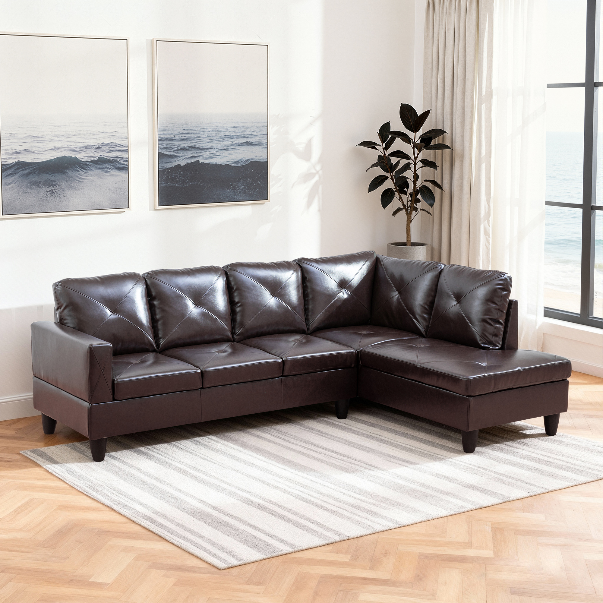 MAYEERTY 97" Faux Leather Sectional Sofa, 2-Piece Couch Living Room Sofa Set without Ottoman, Brown (Right)