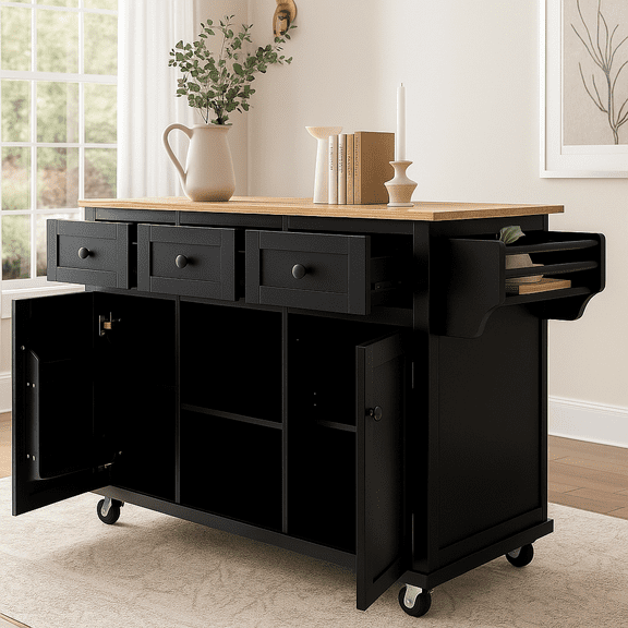 Black Kitchen Island Cart with Foldable Rubberwood Countertop, Built-In Door Storage Racks, 5 Rolling Wheels, 3 Drawers & Cabinet, Mobile Kitchen Island with Storage for Dining Room