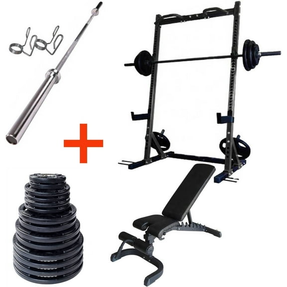 French Fitness Rubber Grip Weight Plate Set w/7 ft Bar 395 lbs   Rack   Bench (New)