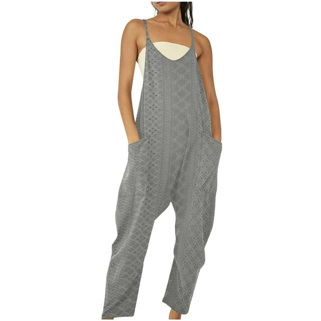 Timegard Womens Jumpsuit Scoop Neck Back Zipper Eyelet Rompers Baggy Long Overalls with Pockets Summer