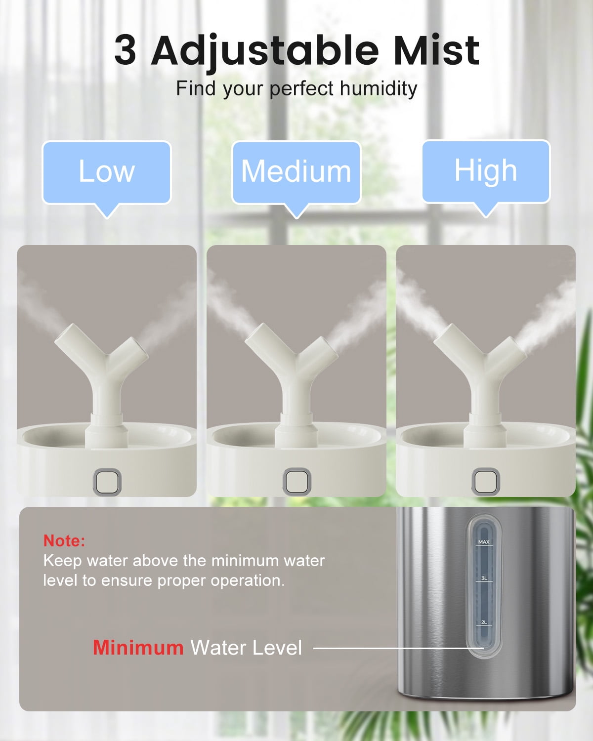 Stainless Steel Humidifier Dishwasher Safe, 4L/1Gal Cool Mist Humidifiers for Room Bedroom, Easy Clean Humidifier Large Room, Humidifiers for Baby Nursery Living Room Office Plant, White