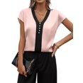 thumbnail image 1 of Blusa Fayenne de satén de seda para mujer, manga corta, cuello en V, rosa, 1 of 6