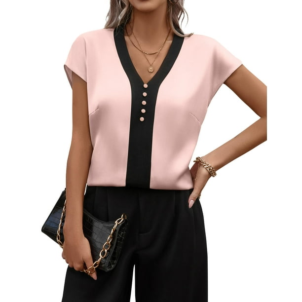 Blusa Fayenne de satén de seda para mujer, manga corta, cuello en V, rosa