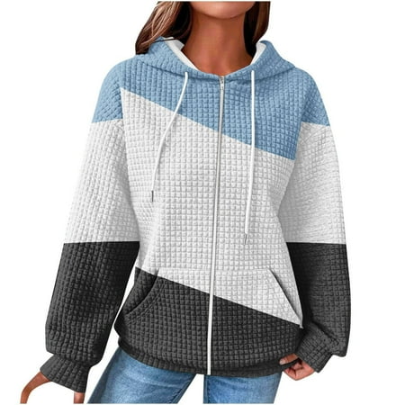 ShomPort Womens Full Zipper Sweatshirt Color Block Sweatshirts Long Sleeve Casual Pullover Cute Comfy Hoodies