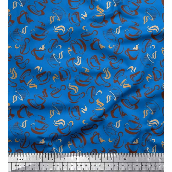 Soimoi Blue Poly Georgette Fabric Plate & Teacup Beverages Fabric Prints By Yard 42 Inch Wide