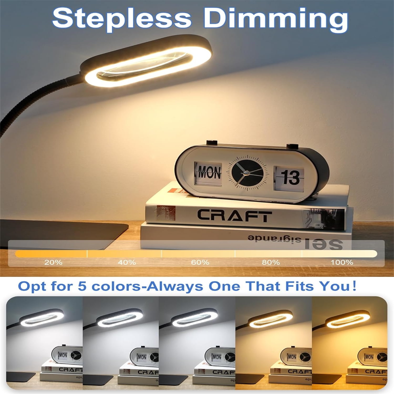 VISONHEART LED Magnifying Desk Lamp with Stand, Rectangular Real Glass Lens, 5 Color Modes Stepless Dimmable, Hands Free LED Task Lamp for Reading, Repair, Close Work & Craft Hobby