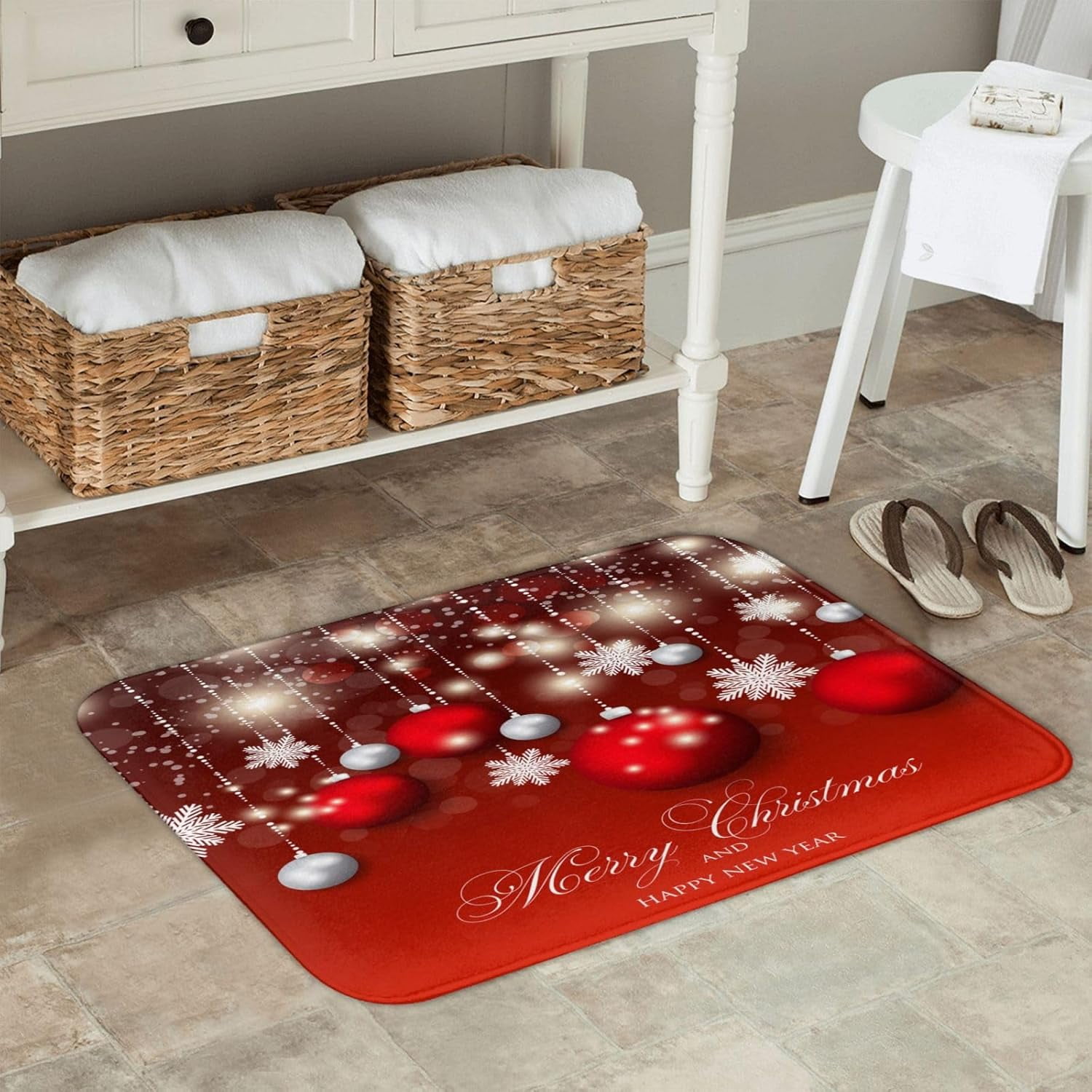 Christmas Bath Mat – Red Glitter Snowflake Ball Design, Memory Foam, Non-Slip Back, 15.7" X 23.6" | Absorbent Shower Mat For Bathroom, Holiday Decor