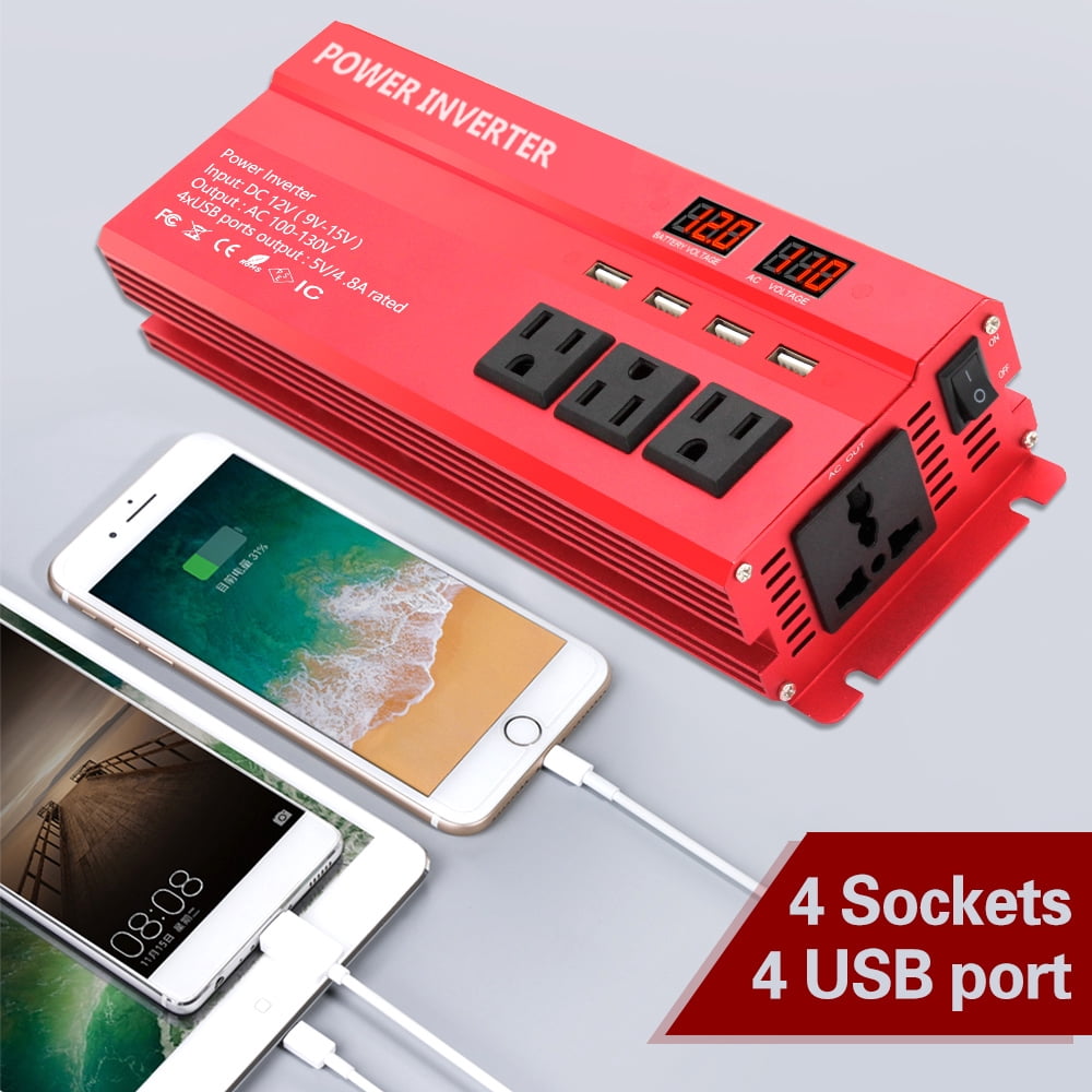 Yinleader 1000 Watts Car Power Inverter Converter DC 12V to AC 110V 4USB 4 Sockets 2LED Display Red