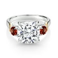 thumbnail image 2 of Gem Stone King 925 Silver and 10K Yellow Gold White Moissanite and Red Garnet 3 Stone Ring for Women (5.74 Cttw, Gemstone Birthstone, Cushion 10MM, Round 4MM, Size 5), 2 of 3