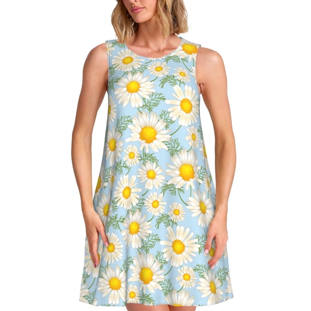 Fotbe Daisies Flowers Vestido de Verano sin Mangas para Mujer – Vestido Midi Línea A, Estilo Camiseta Floral, Vestido Playero Casual y Fluido