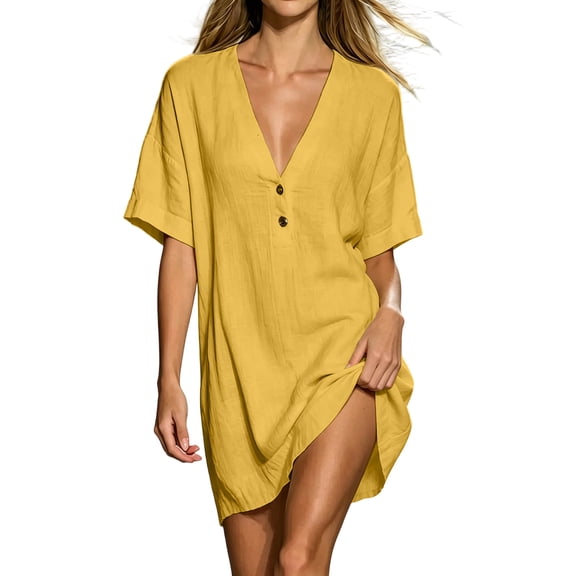 LIaqionyy Womens Dress Short Sleeve V Neck Beachwear Oversized Summer Casual Beach Vacation Dresses Clothes