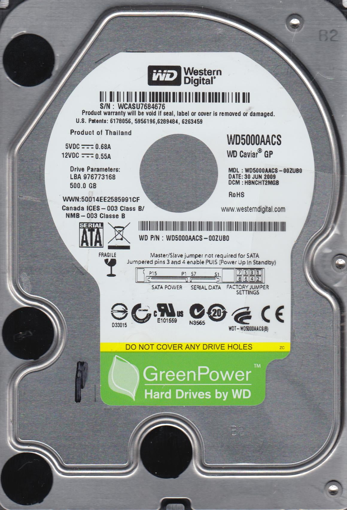 WD5000AACS00ZUB0, DCM HBNCHT2MGB, Western Digital 500GB SATA 3.5 Hard