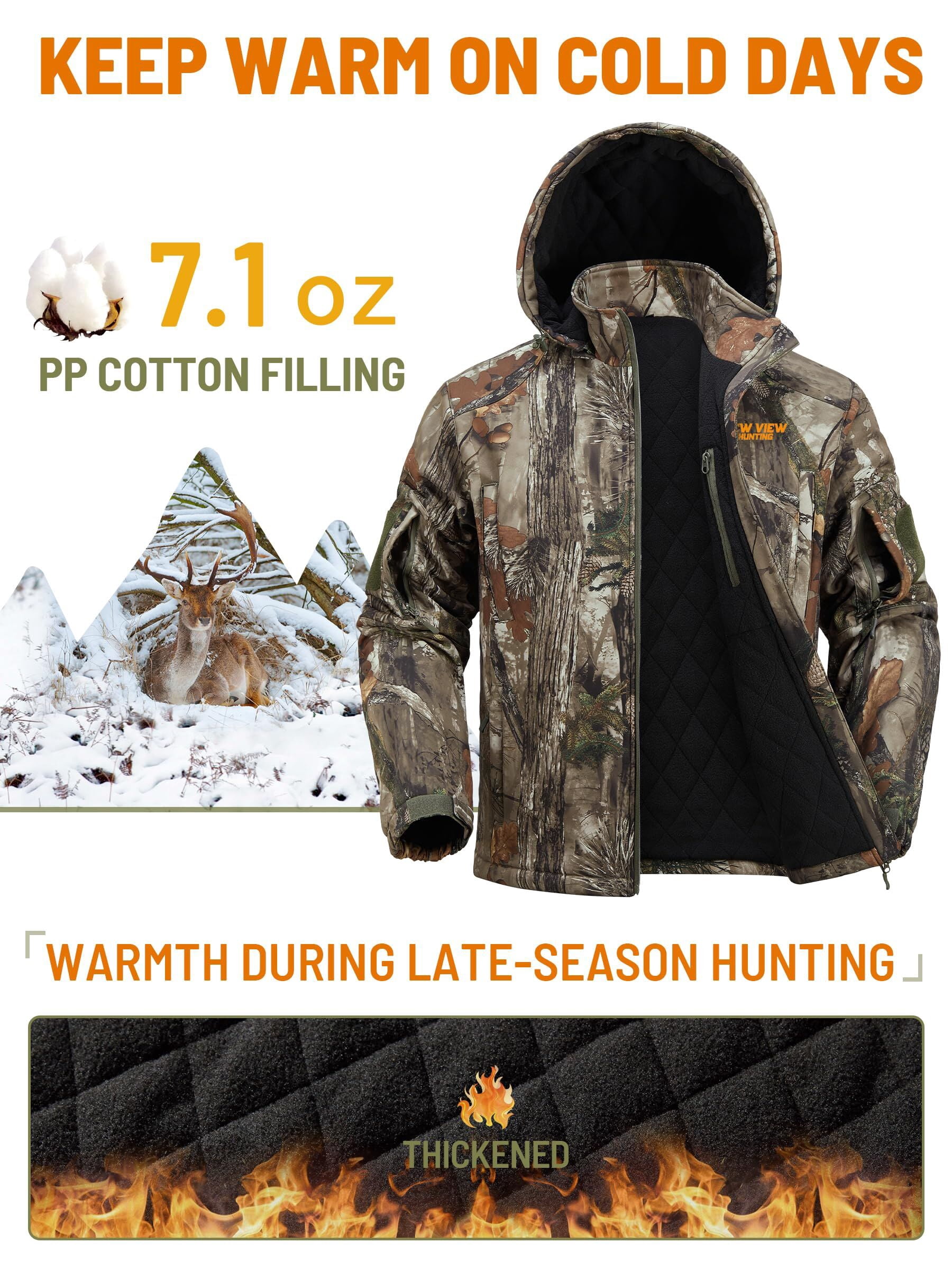NEW VIEW Insulated Hunting Jacket for Men Cold Weather, Warm Camo Hunting Jackets with Hood, Water Resistant Hunting Clothes