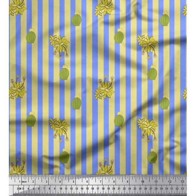Soimoi Tissu Satin Modal Bleu Imprimé Cactus & Rayures au Mètre 42 Pouces de Large