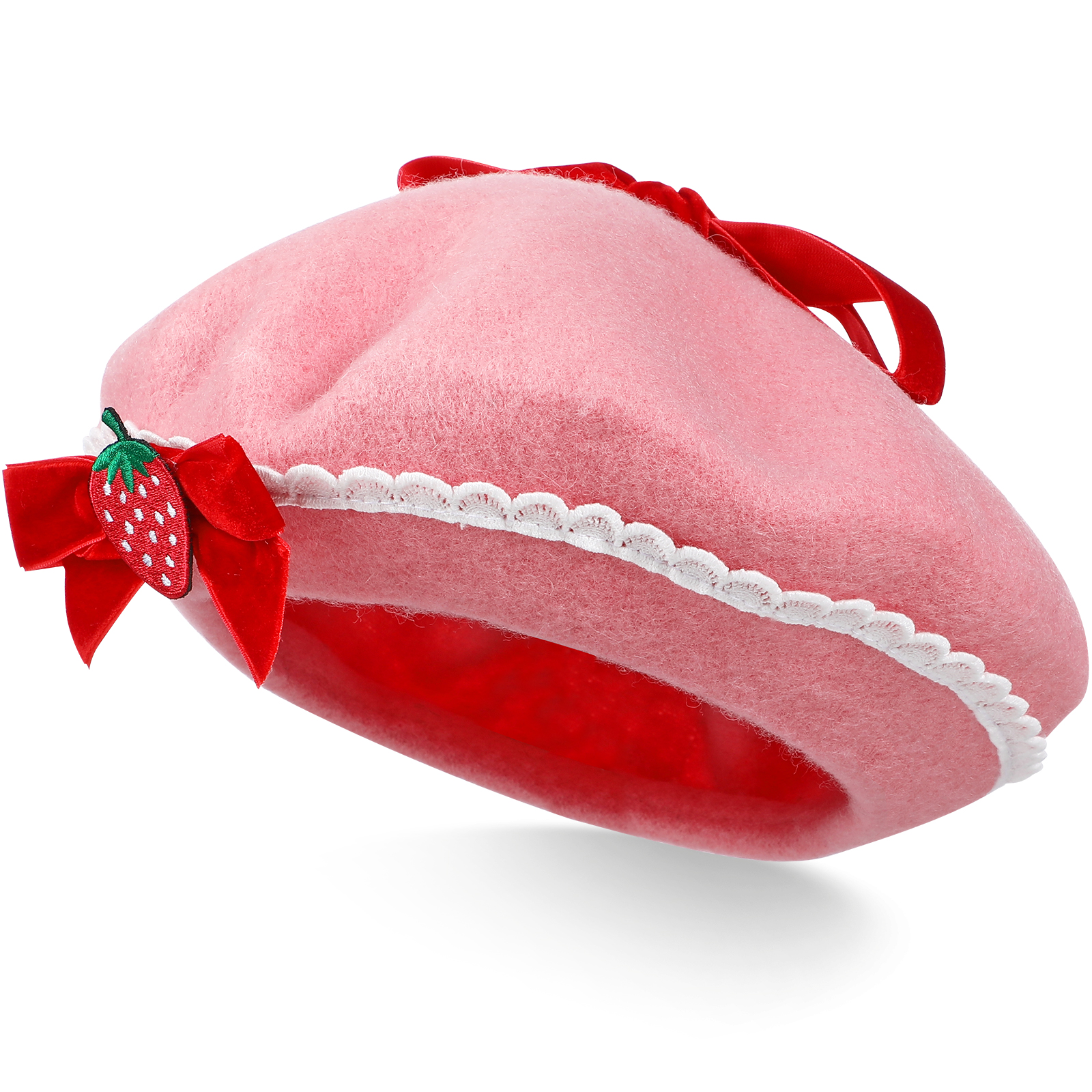 Women Beret Hat Strawberry Bow Decorative Beret Cap French Style Wool