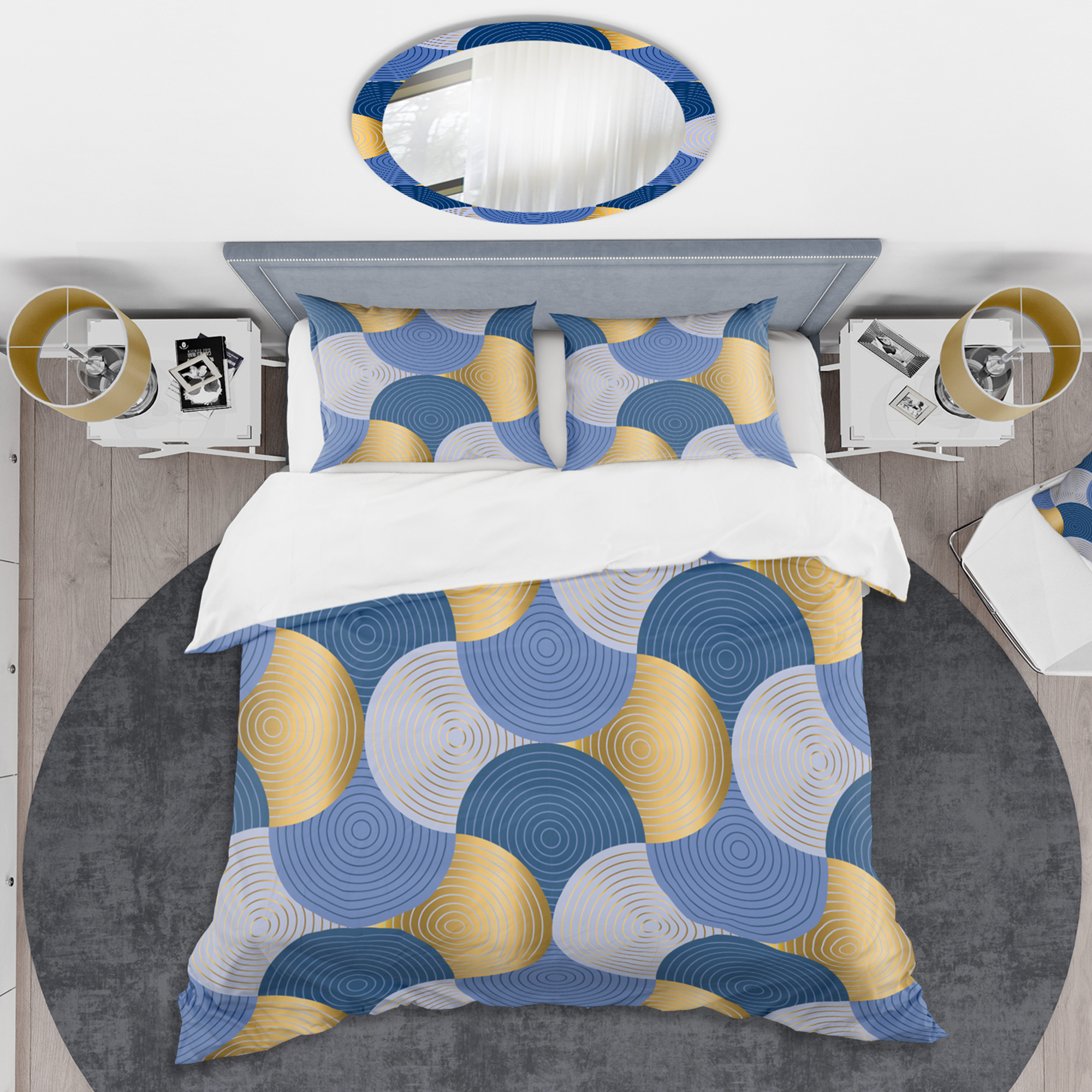 Designart 'Retro Luxury Waves In Gold And Blue X' Mid-Century Modern Duvet Cover Set